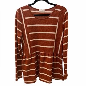 Entro Rust Stripe Peplum Knit Top Medium Boho Long Sleeve Stretch